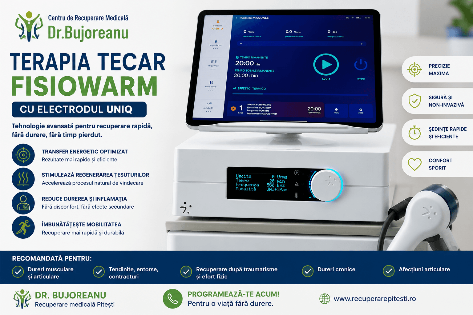 Terapia TECAR Fisiowarm cu electrodul UNIQ – tehnologie avansată pentru recuperare rapidă și fără durere